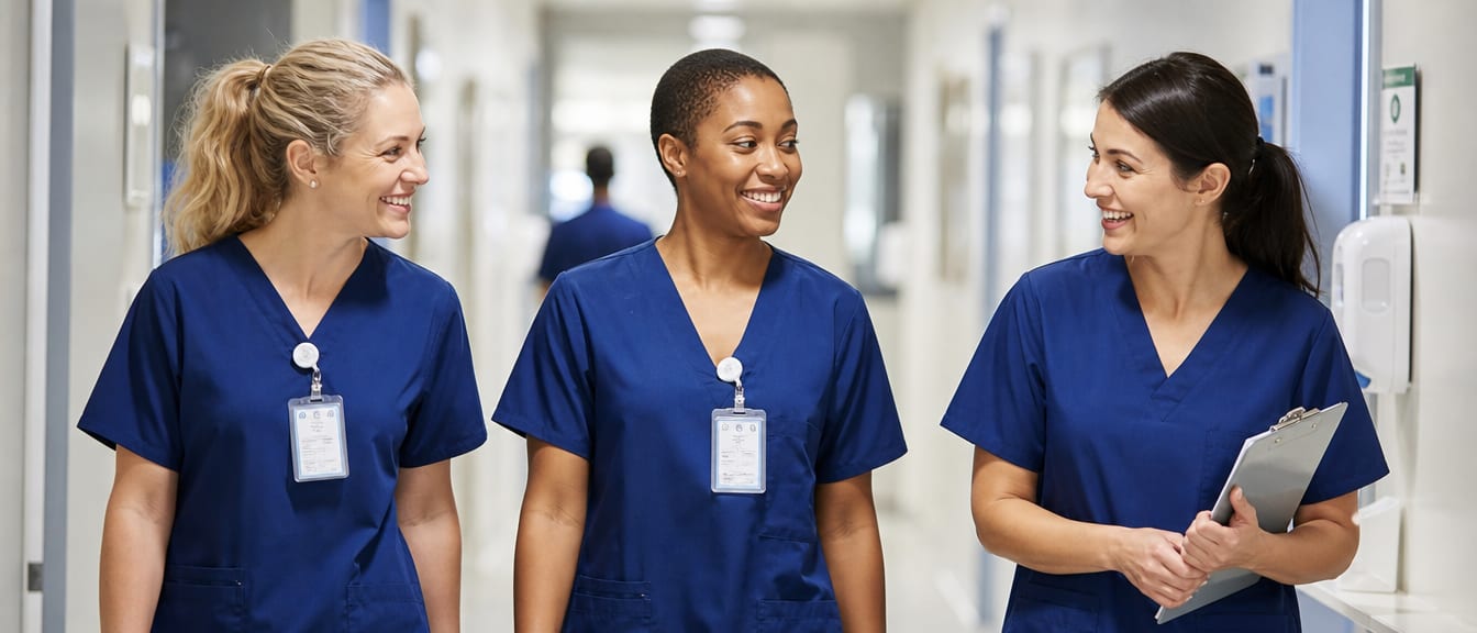 Three nurses walking together through a hospital corridor